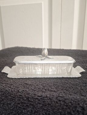 Rodney Kent Vintage Mid Century Modern Hammered Aluminum / Glass Butter Dish